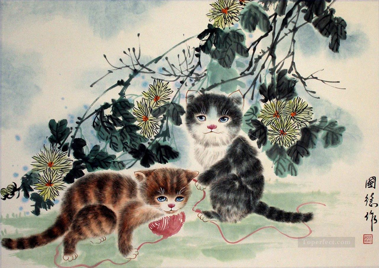 遊ぶ子猫 中国の芸術油絵